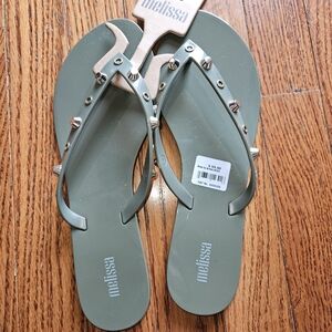 Melissa Olive Green Studded Jelly Flip Flops with Silver Pyramid Accents